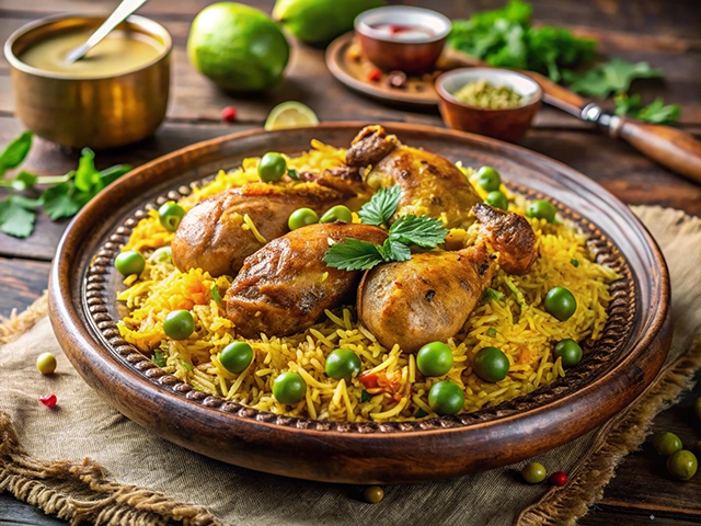 A beautifully arranged plate of chicken biryani featuring tender chicken pieces and vibrant green peas on a bed of yellow rice. Accompanied by dips and garnished with fresh herbs.