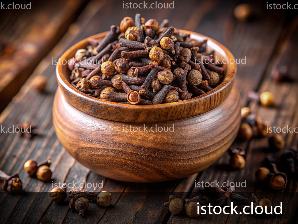 A wooden bowl filled with whole cloves, resting on a rustic wooden surface with scattered cloves around.