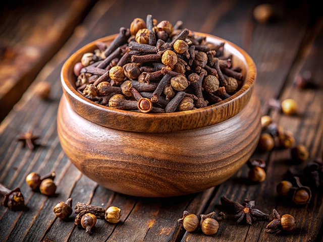 A wooden bowl filled with whole cloves, resting on a rustic wooden surface with scattered cloves around.