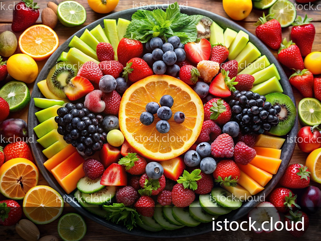 A colorful assortment of fresh fruits arranged beautifully on a platter, including strawberries, blueberries, blackberries, kiwi, melon, and orange slices, surrounded by additional fruit on a wooden surface.