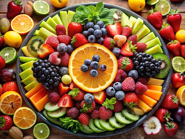 A colorful assortment of fresh fruits arranged beautifully on a platter, including strawberries, blueberries, blackberries, kiwi, melon, and orange slices, surrounded by additional fruit on a wooden surface.