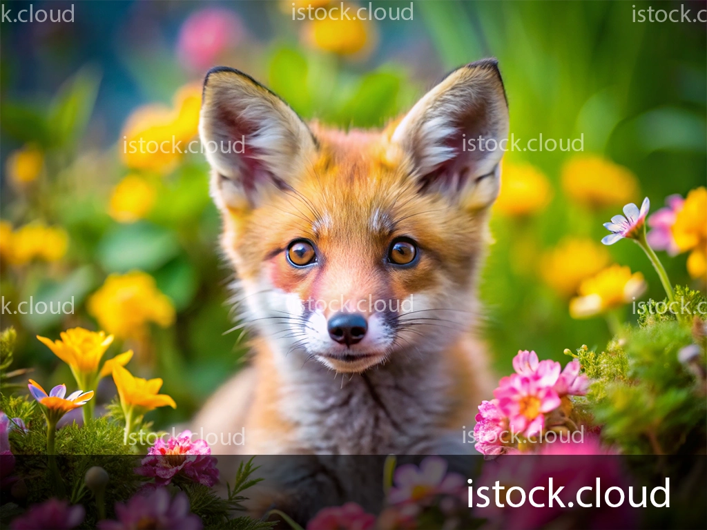 A close-up of a young fox with bright eyes surrounded by a variety of colorful flowers in a vibrant garden.