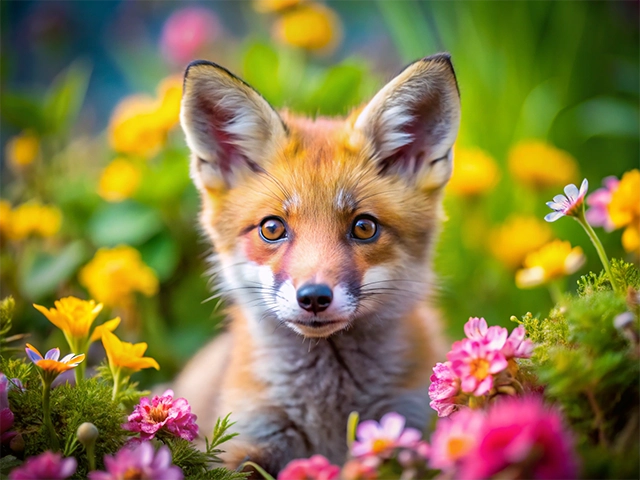 A close-up of a young fox with bright eyes surrounded by a variety of colorful flowers in a vibrant garden.