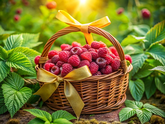A woven basket filled with fresh raspberries, adorned with a yellow ribbon, surrounded by lush green leaves, and bathed in warm sunlight.