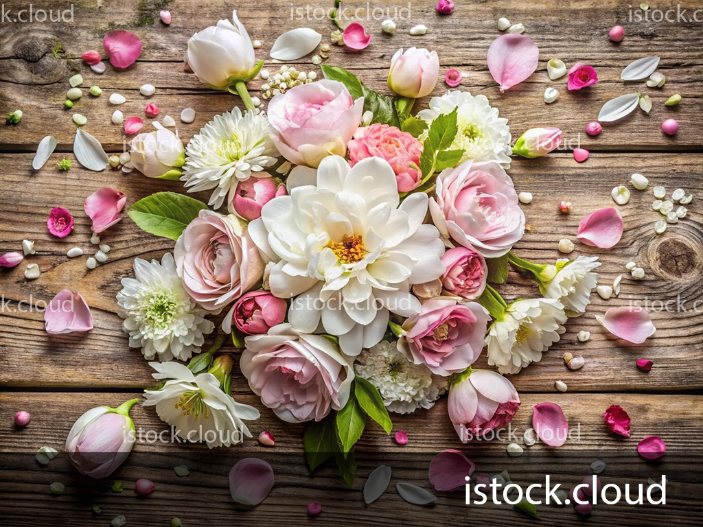 A beautiful arrangement of pink and white flowers on a wooden surface, surrounded by scattered petals and small decorative elements.