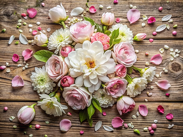 A beautiful arrangement of pink and white flowers on a wooden surface, surrounded by scattered petals and small decorative elements.
