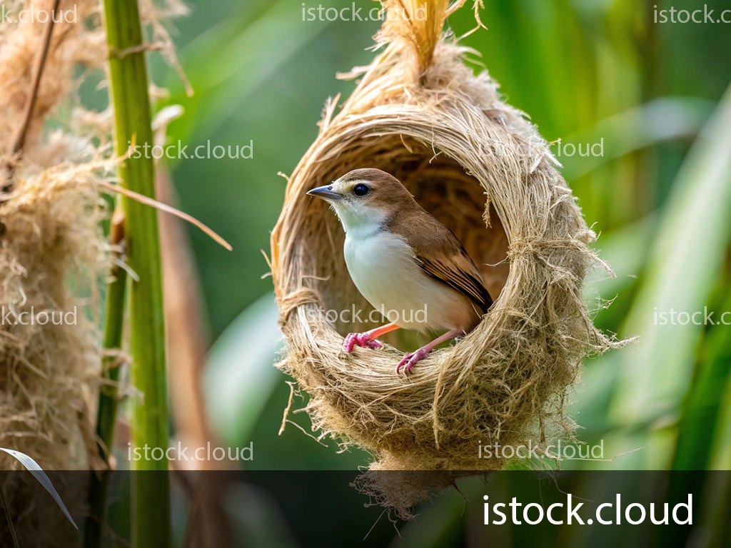 A beautiful bird perched inside a woven nest made of natural fibers, with its head slightly tilted and bright eyes. The background features lush green foliage, creating a serene natural environment.