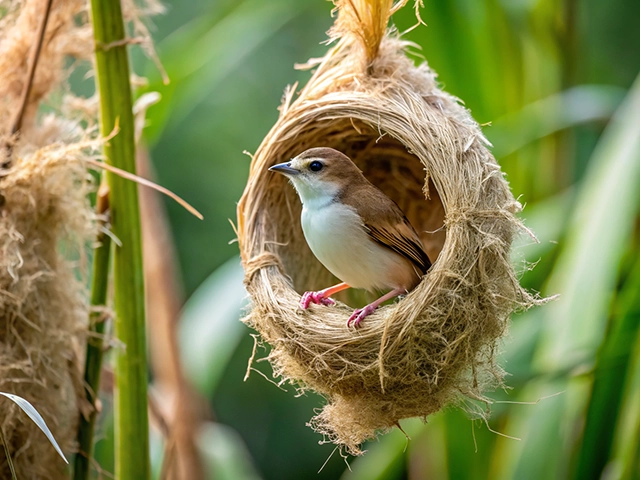A beautiful bird perched inside a woven nest made of natural fibers, with its head slightly tilted and bright eyes. The background features lush green foliage, creating a serene natural environment.