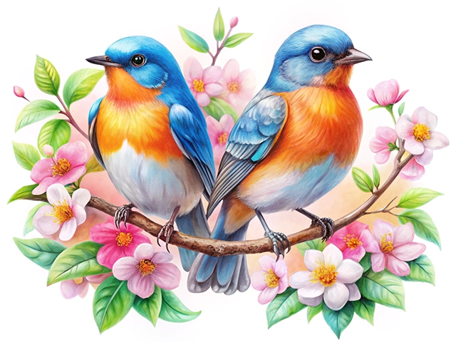 Two vibrant bluebirds with orange and blue plumage perched on a branch adorned with pink and white flowers.