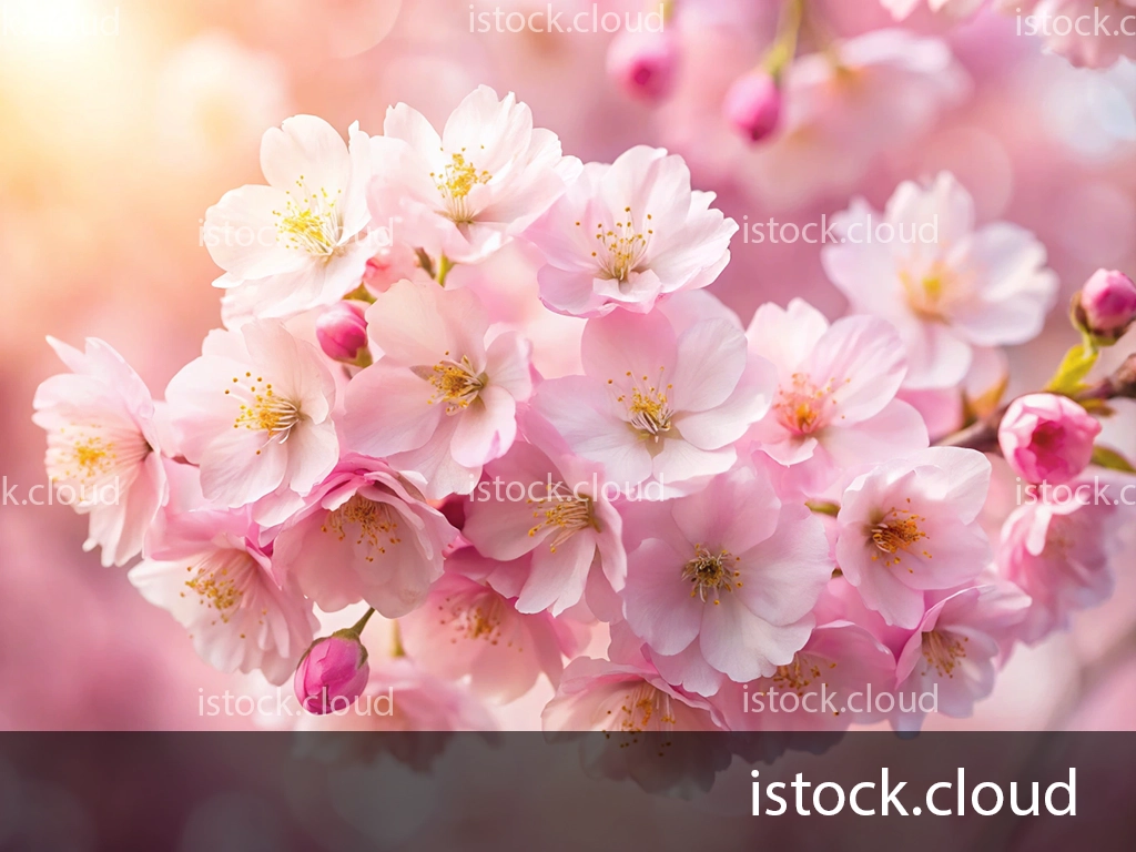 A close-up view of a cherry blossom branch featuring delicate pink flowers and buds against a soft pastel background.