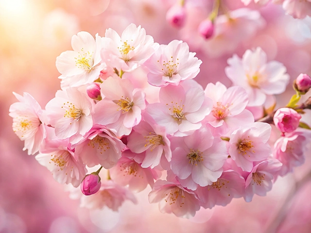 A close-up view of a cherry blossom branch featuring delicate pink flowers and buds against a soft pastel background.