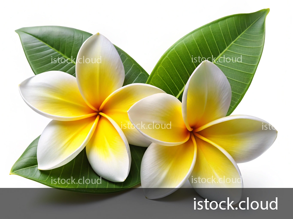 Two vibrant yellow and white frangipani flowers resting on green leaves against a white background.