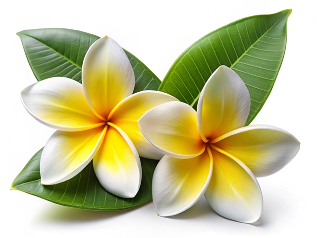 Two vibrant yellow and white frangipani flowers resting on green leaves against a white background.