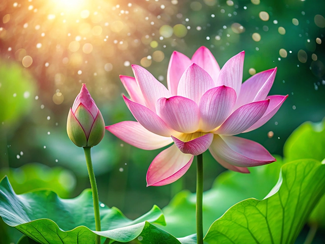 A close-up of a pink lotus flower and a budding lotus on a green leaf, bathed in soft sunlight with shimmering droplets in the background.