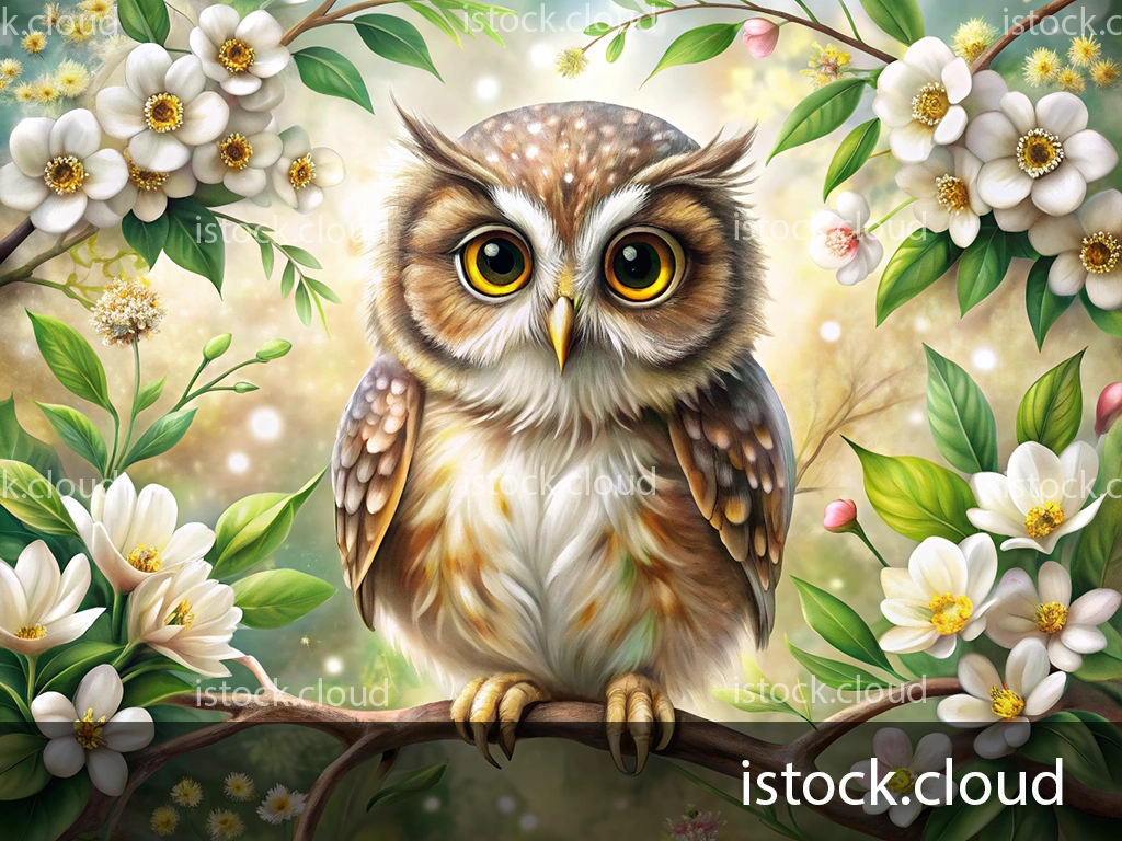 A beautifully illustrated owl perched on a branch surrounded by white flowers and green leaves. The owl has large, expressive eyes and a soft, fluffy plumage with shades of brown and white. The background features a soft, glowing light that enhances the vibrant colors of the flowers and foliage.
