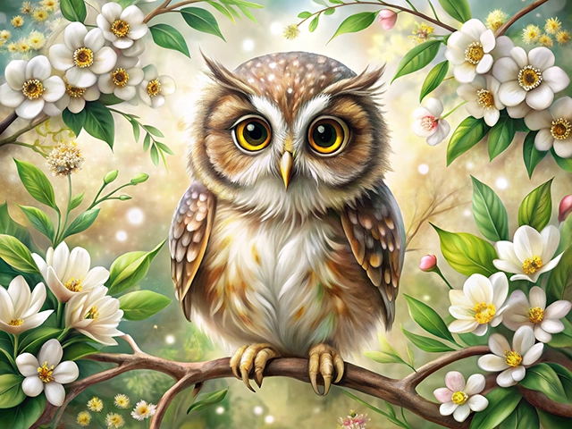 A beautifully illustrated owl perched on a branch surrounded by white flowers and green leaves. The owl has large, expressive eyes and a soft, fluffy plumage with shades of brown and white. The background features a soft, glowing light that enhances the vibrant colors of the flowers and foliage.