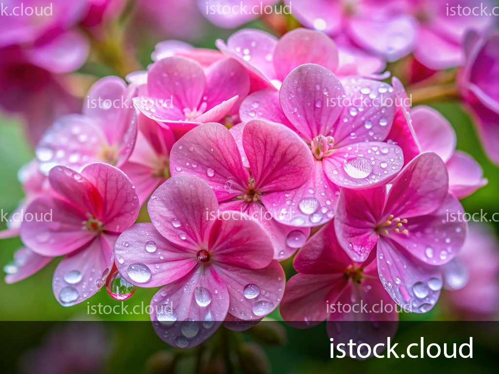 Close-up of delicate pink flowers adorned with raindrops, showcasing their vibrant petals and lush greenery in the background.