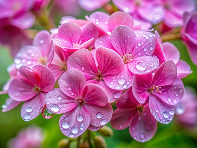 Close-up of delicate pink flowers adorned with raindrops, showcasing their vibrant petals and lush greenery in the background.