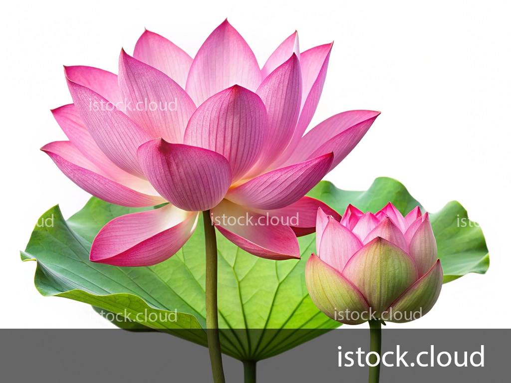 A vibrant pink lotus flower is in full bloom next to a smaller bud, both supported by lush green leaves. The background is white, highlighting the delicate petals and natural beauty of the flowers.