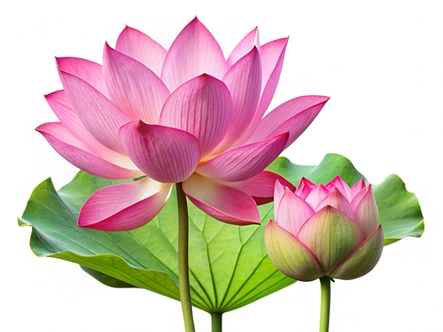 A vibrant pink lotus flower is in full bloom next to a smaller bud, both supported by lush green leaves. The background is white, highlighting the delicate petals and natural beauty of the flowers.