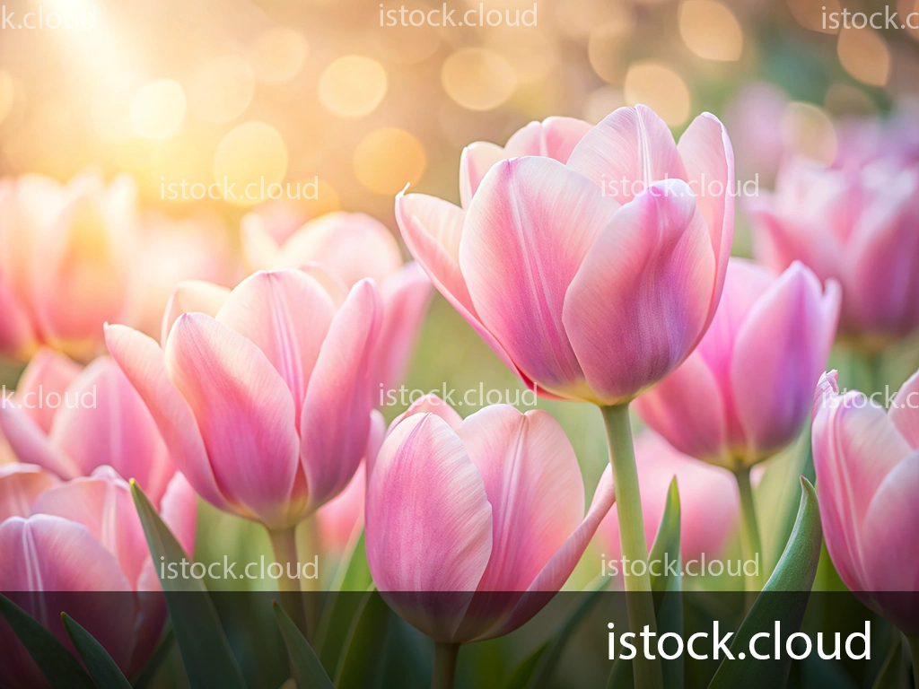 A close-up image of pink tulips in soft focus, illuminated by sunlight. The flowers display varying shades of pink against a blurred background, creating a warm and inviting atmosphere.