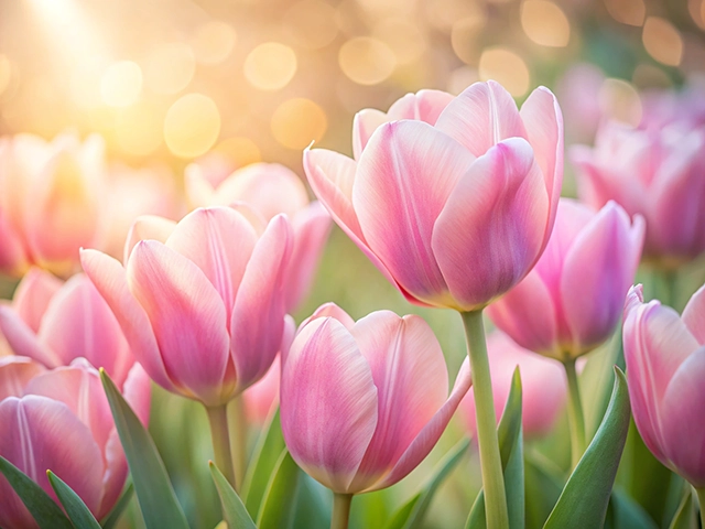 A close-up image of pink tulips in soft focus, illuminated by sunlight. The flowers display varying shades of pink against a blurred background, creating a warm and inviting atmosphere.