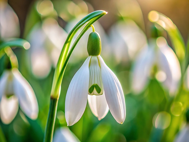 A close-up of a single snowdrop flower with white petals, surrounded by blurred green foliage and other snowdrop flowers illuminated by soft sunlight.