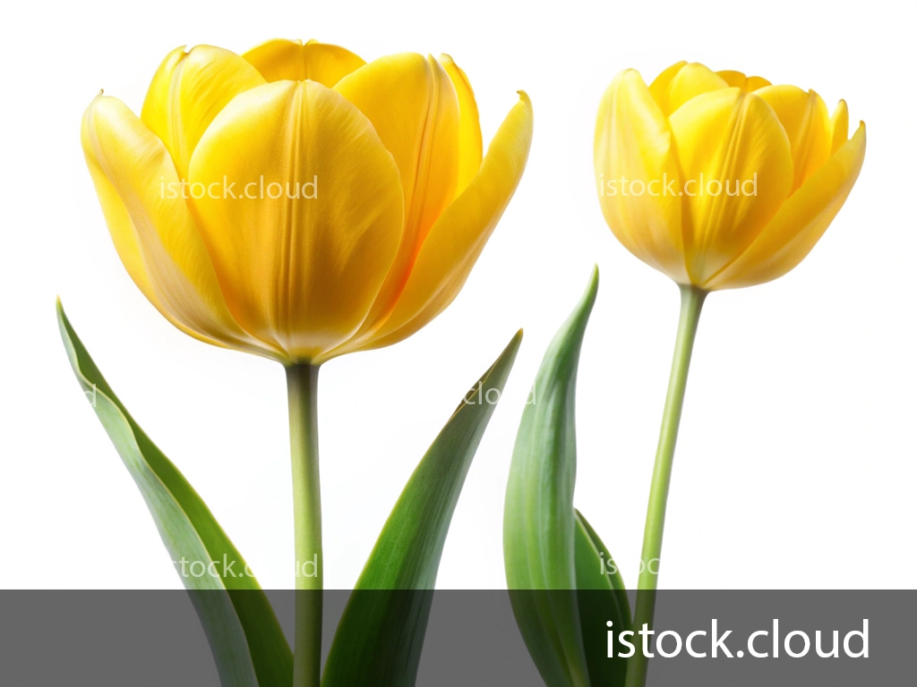 Two vibrant yellow tulips with lush green leaves, isolated on a white background.