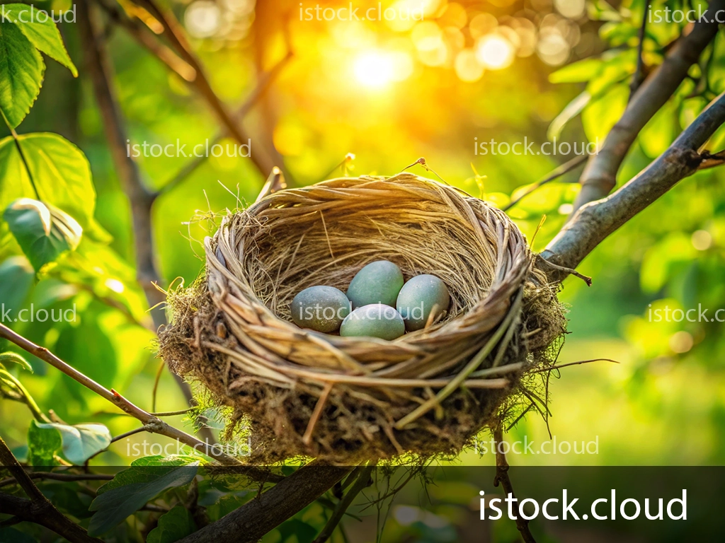 A close-up view of a bird's nest resting on a tree branch, containing several eggs. The background features a vibrant green forest illuminated by soft, warm sunlight.