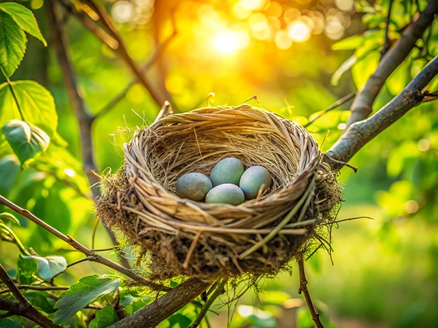 A close-up view of a bird's nest resting on a tree branch, containing several eggs. The background features a vibrant green forest illuminated by soft, warm sunlight.