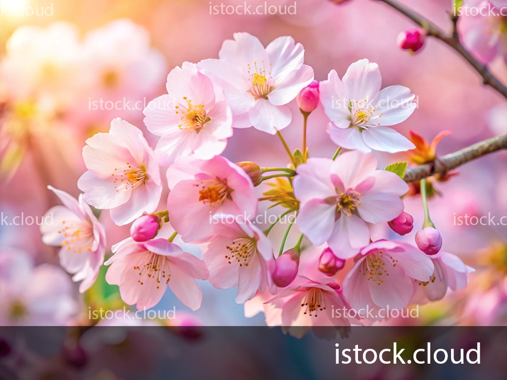 A close-up view of delicate pink cherry blossom flowers with soft lighting in the background, showcasing their intricate petals and buds.