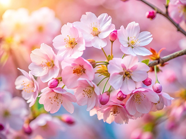 A close-up view of delicate pink cherry blossom flowers with soft lighting in the background, showcasing their intricate petals and buds.