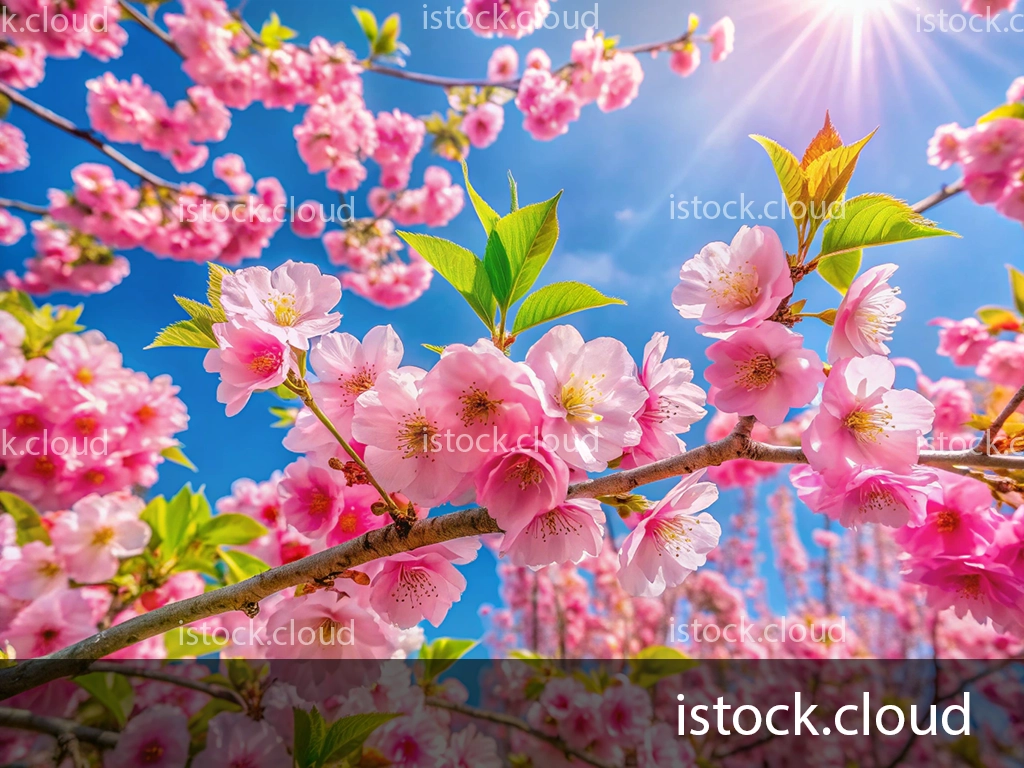 A close-up view of pink cherry blossoms against a clear blue sky with sunlight shining through.