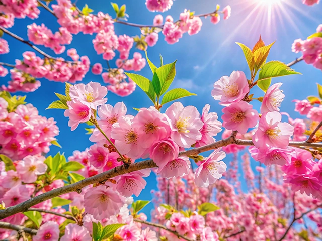 A close-up view of pink cherry blossoms against a clear blue sky with sunlight shining through.