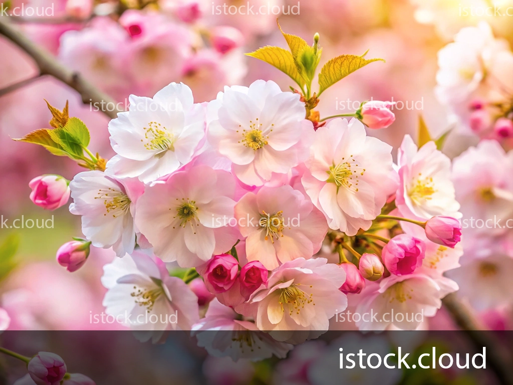 Close-up of vibrant pink and white cherry blossoms on a tree branch, with delicate petals and budding flowers, set against a soft, blurred background.