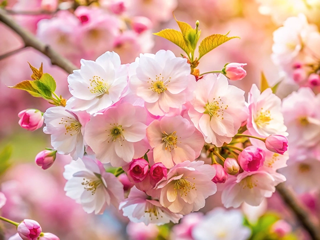 Close-up of vibrant pink and white cherry blossoms on a tree branch, with delicate petals and budding flowers, set against a soft, blurred background.