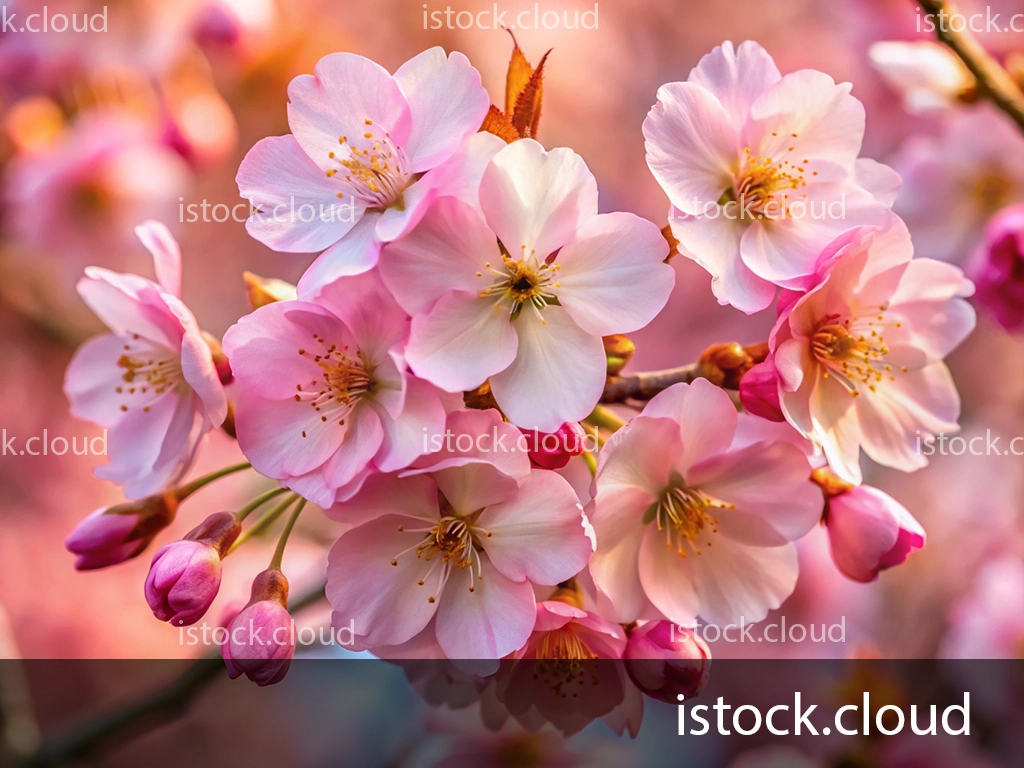 Close-up of pink cherry blossom flowers with new buds against a soft, blurred background.