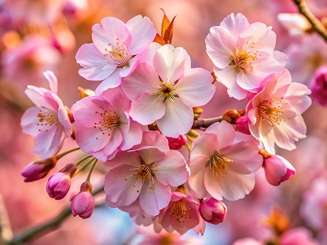 Close-up of pink cherry blossom flowers with new buds against a soft, blurred background.