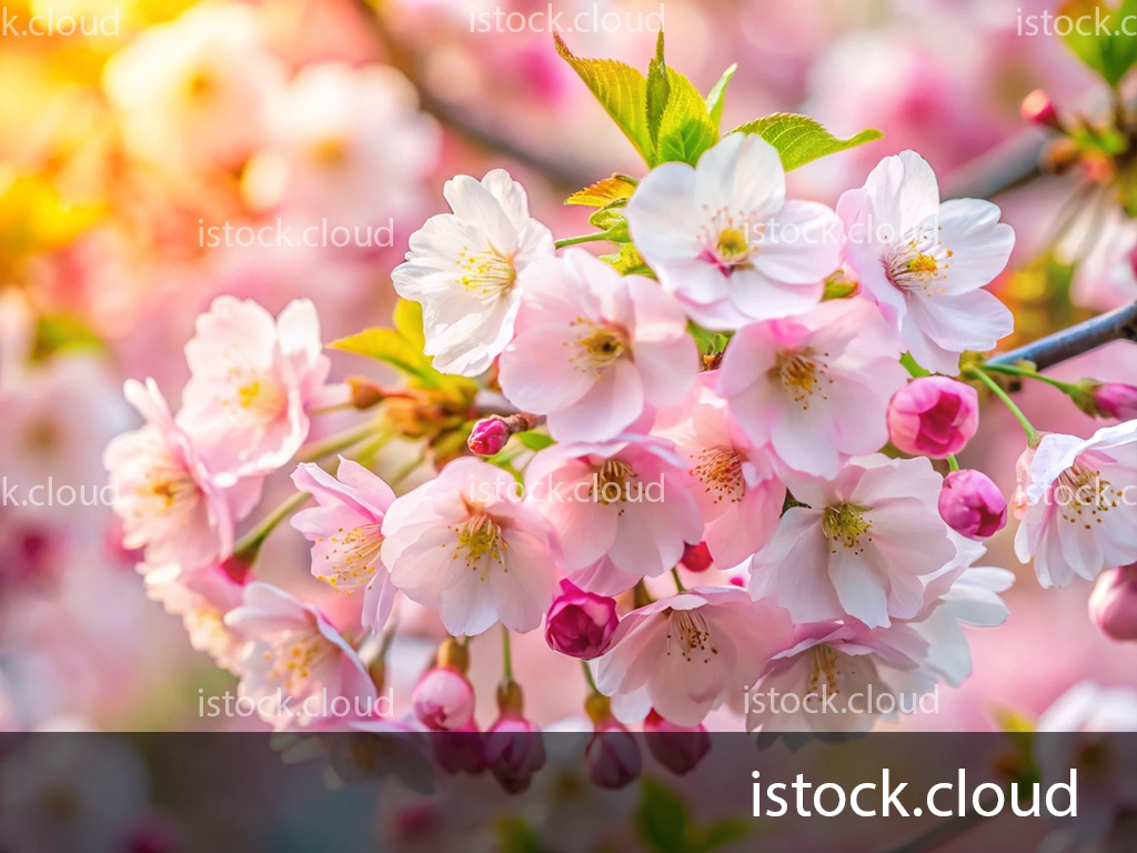 A close-up view of delicate pink cherry blossoms with buds on a branch, bathed in soft natural light, creating a serene and tranquil atmosphere.