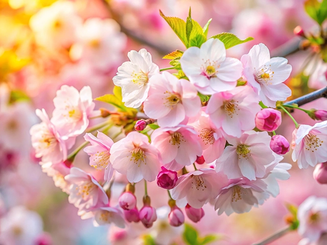 A close-up view of delicate pink cherry blossoms with buds on a branch, bathed in soft natural light, creating a serene and tranquil atmosphere.