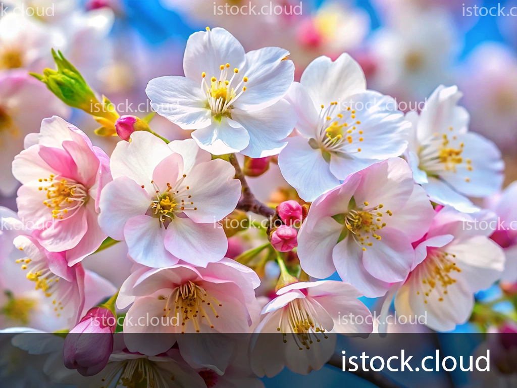 Close-up of pink and white cherry blossoms with delicate petals and yellow stamens against a soft blue background.