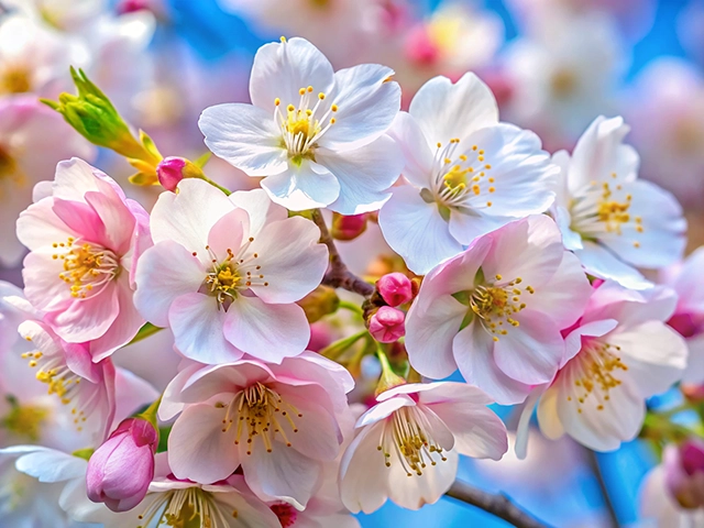 Close-up of pink and white cherry blossoms with delicate petals and yellow stamens against a soft blue background.
