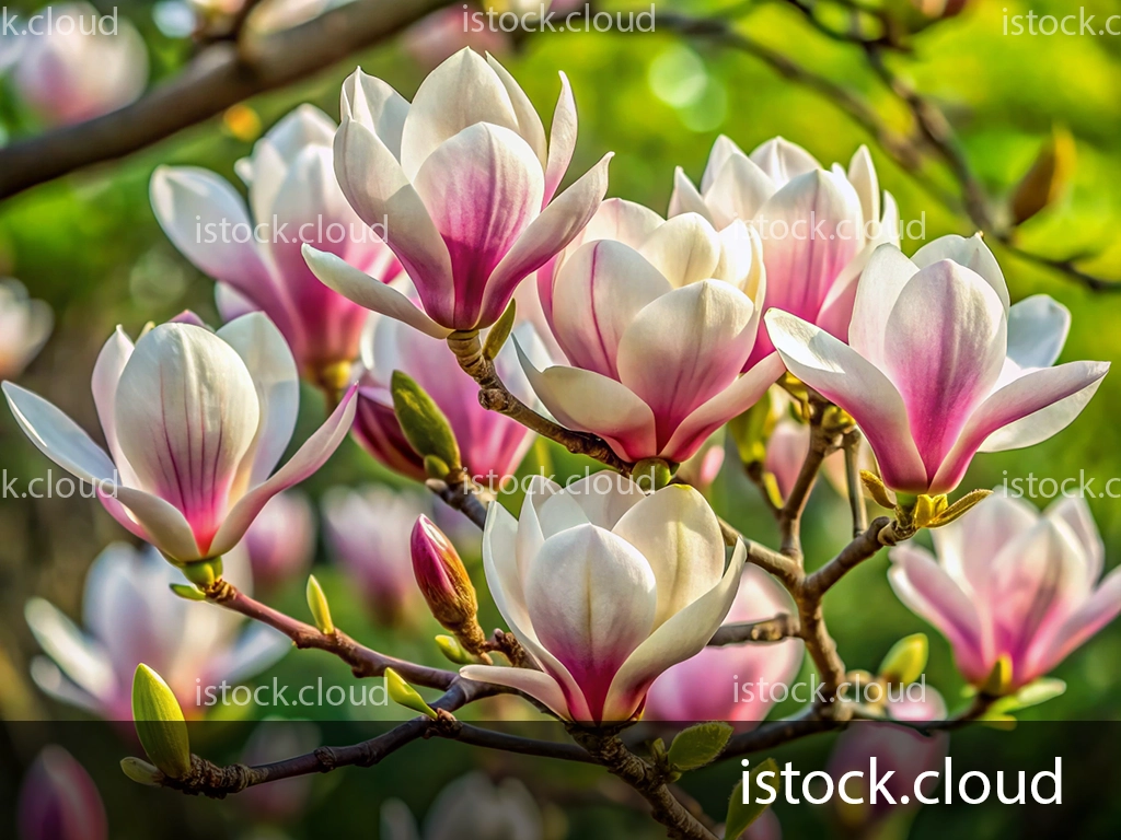 Close-up view of magnolia flowers in bloom, showcasing delicate white petals with pink accents, set against a blurred green background.