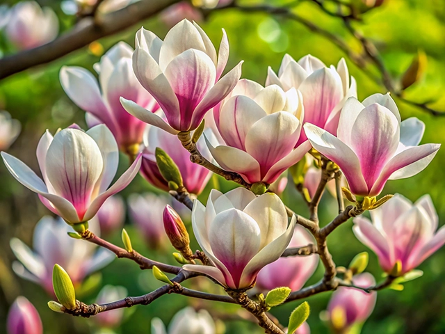 Close-up view of magnolia flowers in bloom, showcasing delicate white petals with pink accents, set against a blurred green background.