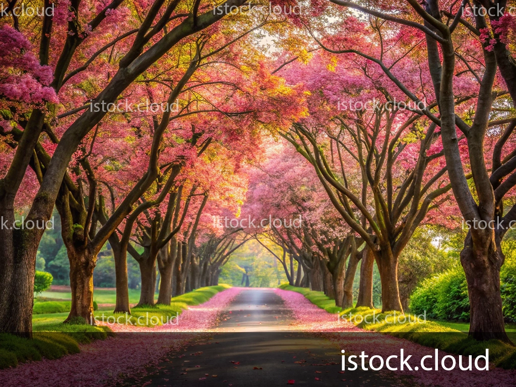 A serene pathway flanked by vibrant pink flowering trees, creating a picturesque tunnel effect. Petals cover the ground, complementing the lush green grass on either side, all bathed in warm sunlight.