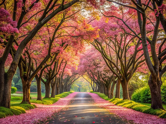 A serene pathway flanked by vibrant pink flowering trees, creating a picturesque tunnel effect. Petals cover the ground, complementing the lush green grass on either side, all bathed in warm sunlight.