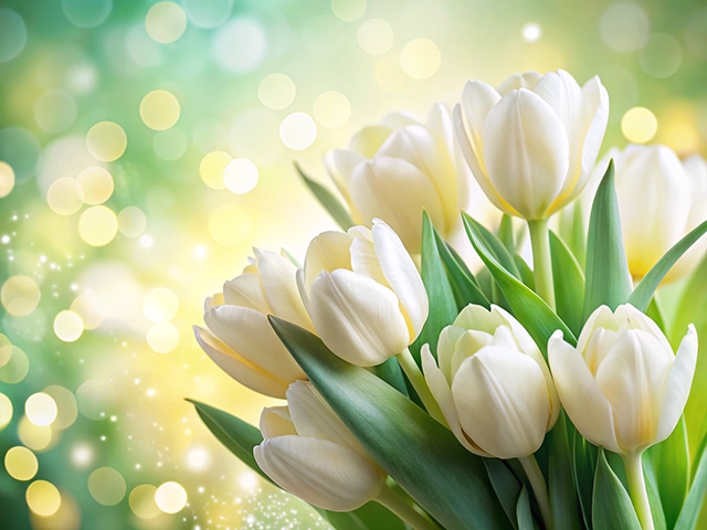 A close-up view of a bouquet of white tulips with vibrant green leaves, set against a soft, bokeh background in shades of green and yellow.