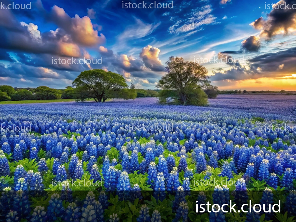 A vibrant field of bluebonnet flowers under a dramatic sky filled with clouds at sunset.