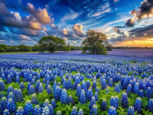 A vibrant field of bluebonnet flowers under a dramatic sky filled with clouds at sunset.