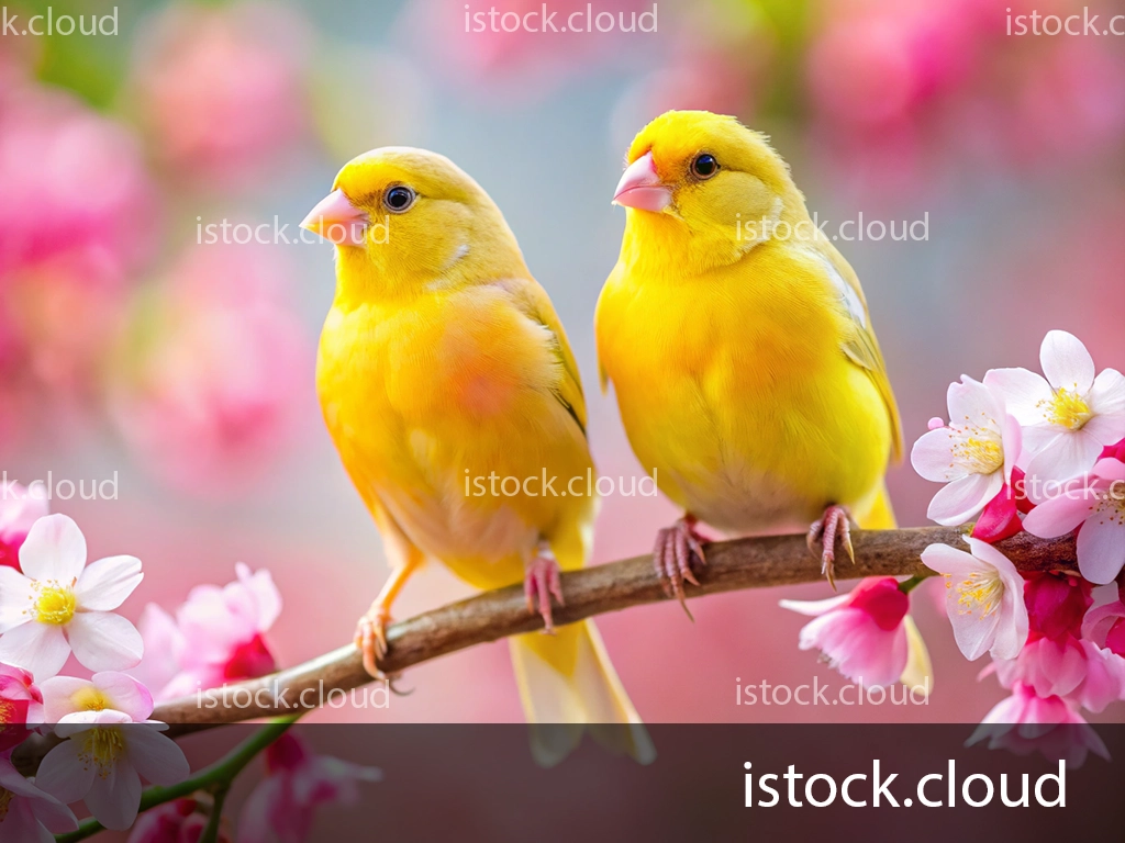 Two vibrant yellow canaries perched on a branch adorned with delicate pink and white flowers, creating a picturesque spring scene.
